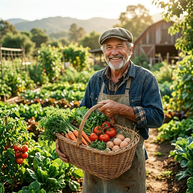 A portrait of a friendly, smiling farmer standing in a sunny organic farm.