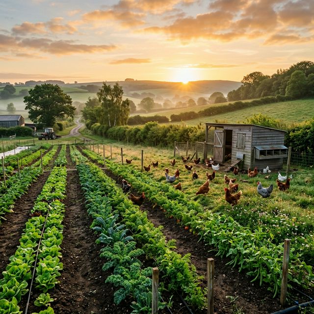 A gorgeous, cinematic wide shot of a sunny farm landscape at sunrise.