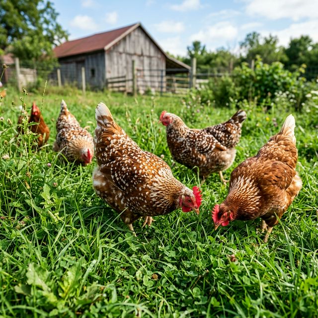 Free-range chickens roaming peacefully in thick, vibrant green grass.