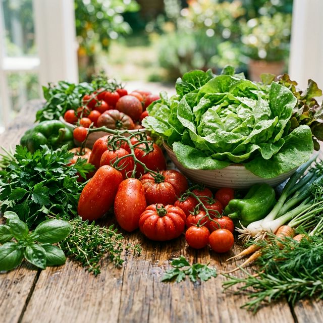 Freshly harvested organic vegetables from the garden.