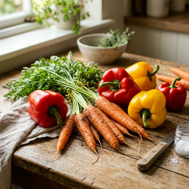 Freshly pulled organic orange carrots and bell peppers.